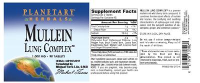 Photo of the Planetary Herbals Mullein Lung Complex 1,000 mg label