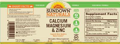 Photo of the Sundown Naturals Calcium Magnesium & Zinc label