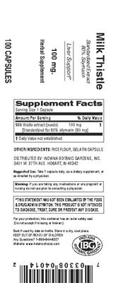 Photo of the Indiana Botanic Gardens Milk Thistle 100 mg label