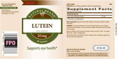 Photo of the GNC Natural Brand Lutein 20 mg label