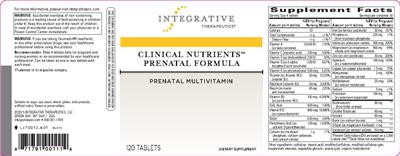 Photo of the Integrative Therapeutics Clinical Nutrients Prenatal Formula label