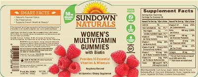 Photo of the Sundown Naturals Women's Multivitamin Gummies with Biotin Raspberry Flavored label