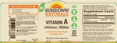 Photo of the Sundown Naturals Vitamin A 2400 mcg label
