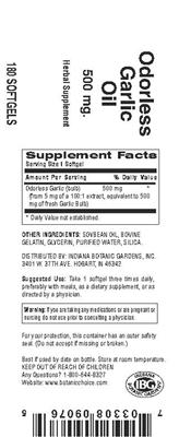 Photo of the Indiana Botanic Gardens Odorless Garlic Oil 500 mg label