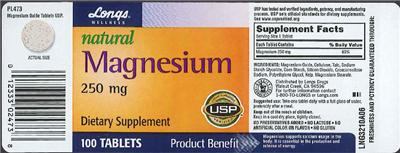 Photo of the Longs Wellness Natural Magnesium 250 mg label