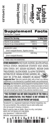 Photo of the Indiana Botanic Gardens Lutein Plus label