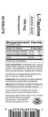 Photo of the Indiana Botanic Gardens L-Taurine 500 mg label