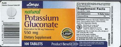 Photo of the Longs Wellness Natural Potassium Gluconate 550 mg label
