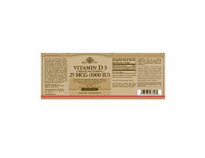 Photo of the Solgar Vitamin D3 25 mcg (1000 IU) label
