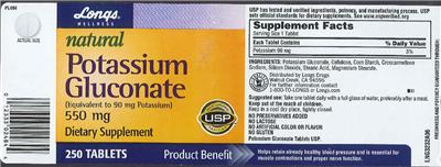 Photo of the Longs Wellness Natural Potassium Gluconate 550 mg label
