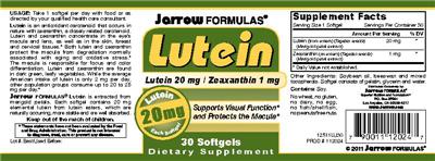 Photo of the Jarrow Formulas Lutein 20 mg label