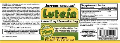 Photo of the Jarrow Formulas Lutein 20 mg label