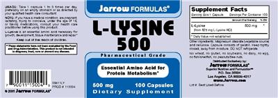 Photo of the Jarrow Formulas L-Lysine 500 mg label