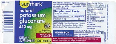 Photo of the Sunmark Natural Potassium Gluconate 550 mg label