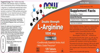 Photo of the NOW Double Strength L-Arginine 1000 mg label