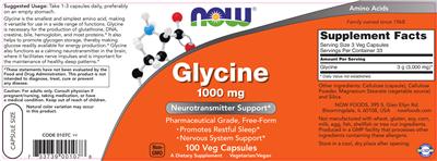 Photo of the NOW Glycine 1000 mg label