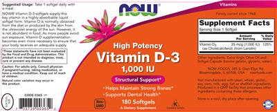 Photo of the NOW High Potency Vitamin D-3 1,000 IU label