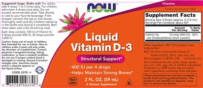Photo of the NOW Liquid Vitamin D-3 label