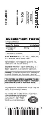 Photo of the Indiana Botanic Gardens Turmeric 500 mg label