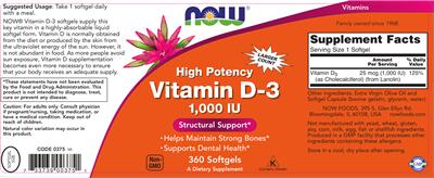 Photo of the NOW High Potency Vitamin D-3 1,000 IU label