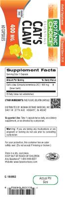 Photo of the Botanic Choice Cat's Claw 400 mg label