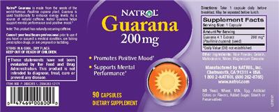 Photo of the Natrol Guarana 200 mg label