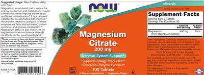 Photo of the NOW Magnesium Citrate 200 mg label