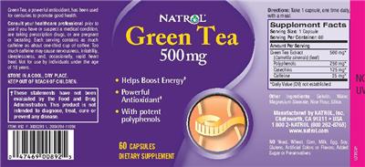 Photo of the Natrol Green Tea 500 mg label