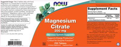Photo of the NOW Magnesium Citrate 200 mg label