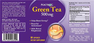 Photo of the Natrol Green Tea 500 mg label