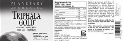 Photo of the Planetary Herbals Triphala Gold 1,000 mg label