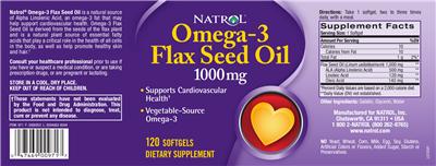 Photo of the Natrol Omega-3 Flax Seed Oil 1000 mg label