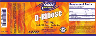 Photo of the NOW Sports D-Ribose 750 mg label
