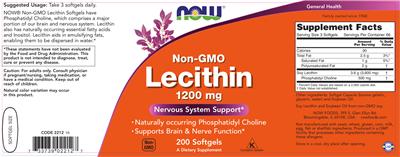 Photo of the NOW Non-GMO Lecithin 1200 mg label