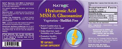 Photo of the Natrol Hyaluronic Acid MSM & Glucosamine label