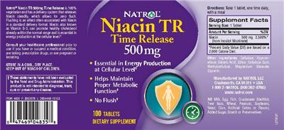 Photo of the Natrol Niacin TR Time Release 500 mg label