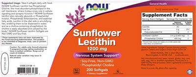 Photo of the NOW Sunflower Lecithin 1200 mg label