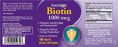 Photo of the Natrol Biotin 1,000 mcg label