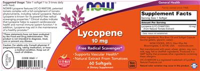 Photo of the NOW Lycopene 10 mg label