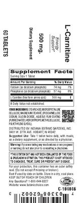 Photo of the Indiana Botanic Gardens L-Carnitine 500 mg label