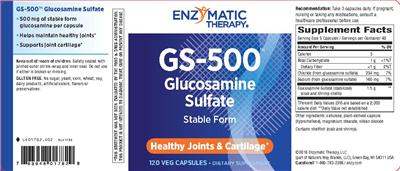 Photo of the Enzymatic Therapy GS-500 Glucosamine Sulfate label