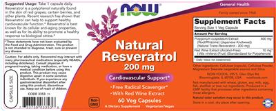 Photo of the NOW Natural Resveratrol 200 mg label