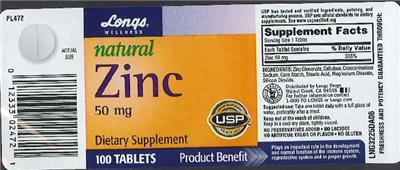 Photo of the Longs Wellness Natural Zinc 50 mg label
