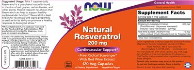 Photo of the NOW Natural Resveratrol 200 mg label