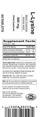 Photo of the Indiana Botanic Gardens L-Lysine 500 mg label