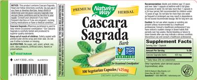 Photo of the Nature's Way Cascara Sagrada Bark 425 mg label