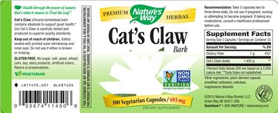 Photo of the Nature's Way Cat's Claw Bark 485 mg label