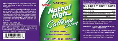 Photo of the Natrol High Caffeine 200 mg label