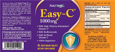 Photo of the Natrol Easy-C 1000 mg label