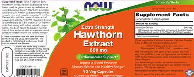 Photo of the NOW Extra Strength Hawthorn Extract 600 mg label